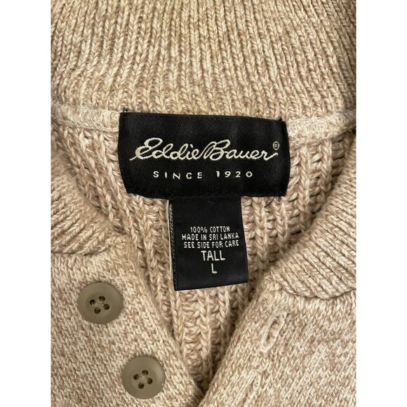 Eddie Bauer Heritage Sweater Mens Beige Heavy Cotton Henley Mock Neck Large Tall - Picture 2 of 4